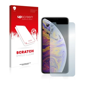 Parte frontal de un envase de producto con el logotipo de la marca upscreen. Al lado se muestra el dispositivo Apple iPhone Xs