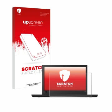 Parte frontal de un envase de producto con el logotipo de la marca upscreen. Al lado se muestra el dispositivo Lenovo ThinkPad