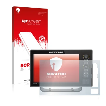 Parte frontal de un envase de producto con el logotipo de la marca upscreen. Al lado se muestra el dispositivo Humminbird Soli