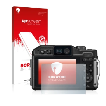 Parte frontal de un envase de producto con el logotipo de la marca upscreen. Al lado se muestra el dispositivo Panasonic Lumix