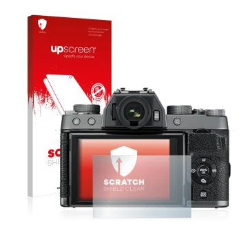 Parte frontal de un envase de producto con el logotipo de la marca upscreen. Al lado se muestra el dispositivo Fujifilm X-T100
