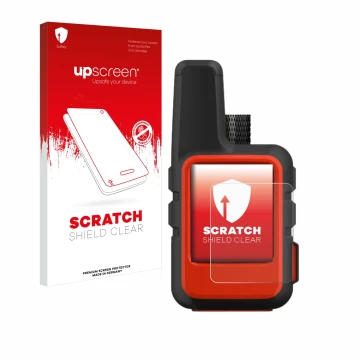 Parte frontal de un envase de producto con el logotipo de la marca upscreen. Al lado se muestra el dispositivo Garmin inReach 