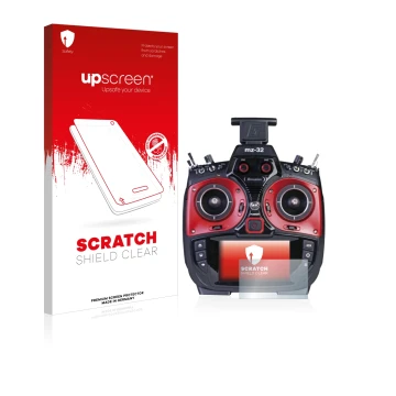 Parte frontal de un envase de producto con el logotipo de la marca upscreen. Al lado se muestra el dispositivo Graupner MZ-32 