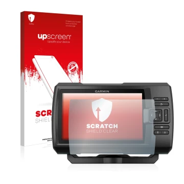 Parte frontal de un envase de producto con el logotipo de la marca upscreen. Al lado se muestra el dispositivo Garmin Striker 