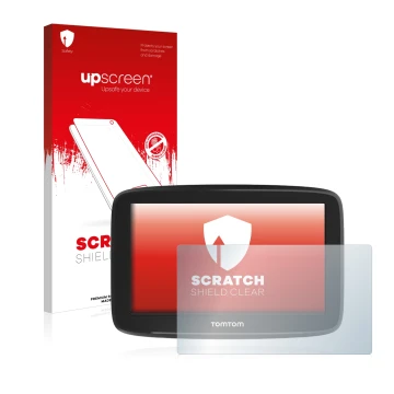 Parte frontal de un envase de producto con el logotipo de la marca upscreen. Al lado se muestra el dispositivo TomTom GO Basic