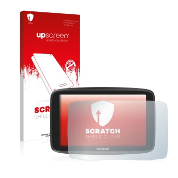 Parte frontal de un envase de producto con el logotipo de la marca upscreen. Al lado se muestra el dispositivo TomTom GO Campe