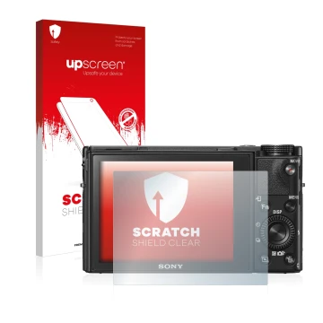 Parte frontal de un envase de producto con el logotipo de la marca upscreen. Al lado se muestra el dispositivo Sony Cyber-Shot