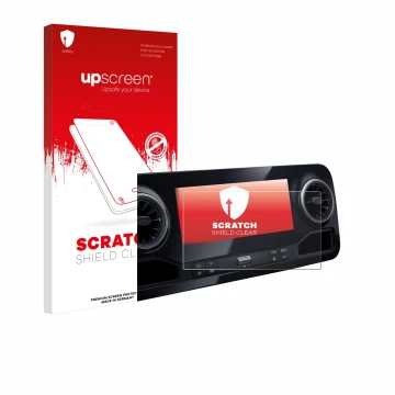 Parte frontal de un envase de producto con el logotipo de la marca upscreen. Al lado se muestra el dispositivo Mercedes-Benz S