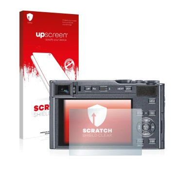 Parte frontal de un envase de producto con el logotipo de la marca upscreen. Al lado se muestra el dispositivo Leica C-Lux con