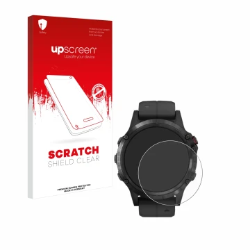 Parte frontal de un envase de producto con el logotipo de la marca upscreen. Al lado se muestra el dispositivo Garmin Fenix 5 
