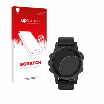 Parte frontal de un envase de producto con el logotipo de la marca upscreen. Al lado se muestra el dispositivo Garmin Fenix 5S
