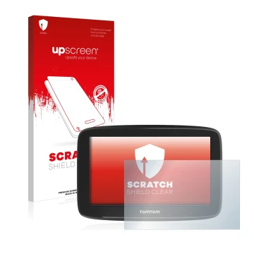 Parte frontal de un envase de producto con el logotipo de la marca upscreen. Al lado se muestra el dispositivo TomTom GO Basic