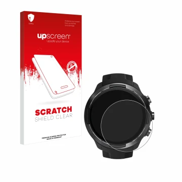 Parte frontal de un envase de producto con el logotipo de la marca upscreen. Al lado se muestra el dispositivo Suunto 9 con su