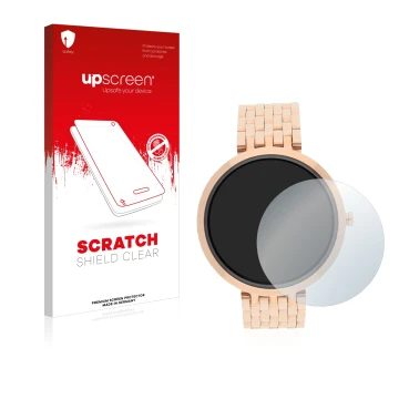 Parte frontal de un envase de producto con el logotipo de la marca upscreen. Al lado se muestra el dispositivo Xlyne X-Watch S