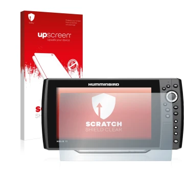 Parte frontal de un envase de producto con el logotipo de la marca upscreen. Al lado se muestra el dispositivo Humminbird Heli