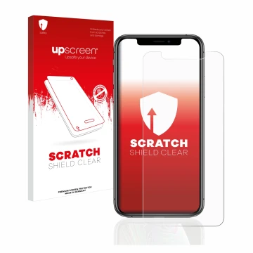 Parte frontal de un envase de producto con el logotipo de la marca upscreen. Al lado se muestra el dispositivo Apple iPhone Xs
