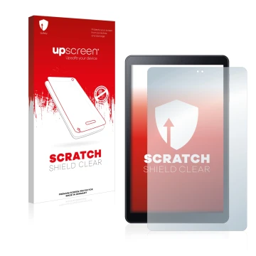 Parte frontal de un envase de producto con el logotipo de la marca upscreen. Al lado se muestra el dispositivo Samsung Galaxy 