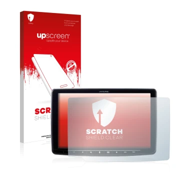 Parte frontal de un envase de producto con el logotipo de la marca upscreen. Al lado se muestra el dispositivo Alpine iLX-F903