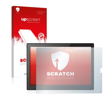 Parte frontal de un envase de producto con el logotipo de la marca upscreen. Al lado se muestra el dispositivo Lenovo ThinkPad