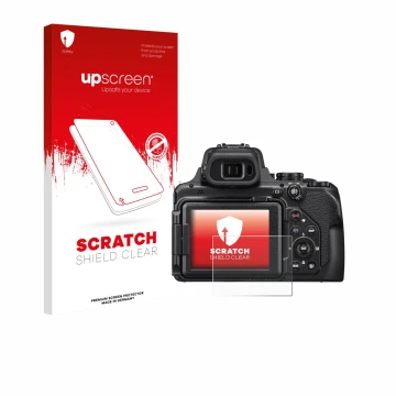 Parte frontal de un envase de producto con el logotipo de la marca upscreen. Al lado se muestra el dispositivo Nikon Coolpix P