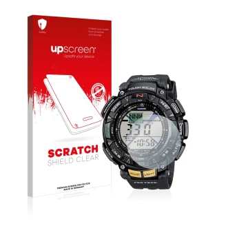 Parte frontal de un envase de producto con el logotipo de la marca upscreen. Al lado se muestra el dispositivo Casio Pro Trek 