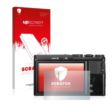 Parte frontal de un envase de producto con el logotipo de la marca upscreen. Al lado se muestra el dispositivo Fujifilm XF10 c
