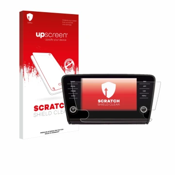 Parte frontal de un envase de producto con el logotipo de la marca upscreen. Al lado se muestra el dispositivo Skoda Amundsen 