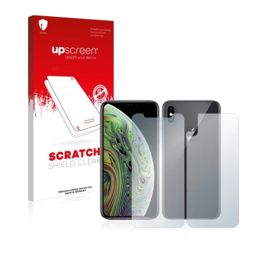 Parte frontal de un envase de producto con el logotipo de la marca upscreen. Al lado se muestra el dispositivo Apple iPhone Xs