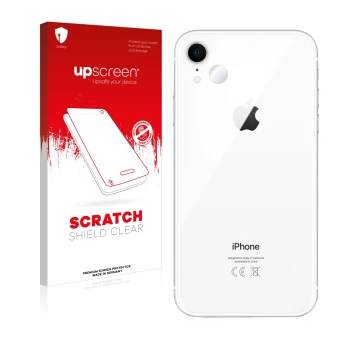 Parte frontal de un envase de producto con el logotipo de la marca upscreen. Al lado se muestra el dispositivo Apple iPhone XR