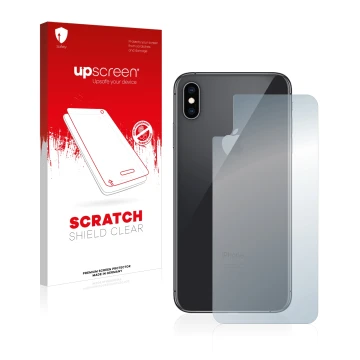 Parte frontal de un envase de producto con el logotipo de la marca upscreen. Al lado se muestra el dispositivo Apple iPhone Xs
