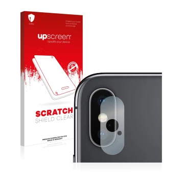 Parte frontal de un envase de producto con el logotipo de la marca upscreen. Al lado se muestra el dispositivo Apple iPhone Xs