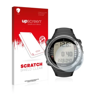 Parte frontal de un envase de producto con el logotipo de la marca upscreen. Al lado se muestra el dispositivo Suunto D4I con 