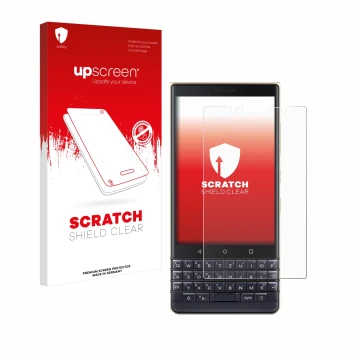 Parte frontal de un envase de producto con el logotipo de la marca upscreen. Al lado se muestra el dispositivo BlackBerry Key2