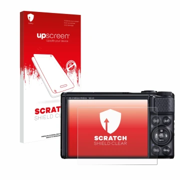 Parte frontal de un envase de producto con el logotipo de la marca upscreen. Al lado se muestra el dispositivo Canon PowerShot