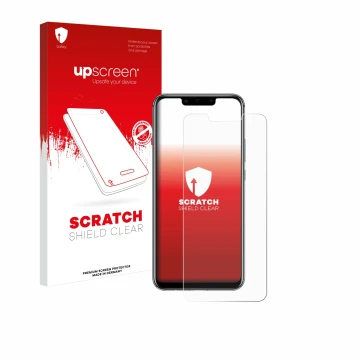 Parte frontal de un envase de producto con el logotipo de la marca upscreen. Al lado se muestra el dispositivo Huawei Mate 20 