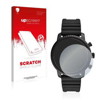 Parte frontal de un envase de producto con el logotipo de la marca upscreen. Al lado se muestra el dispositivo Fossil Q Explor
