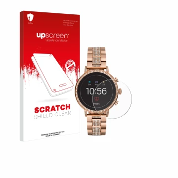 Parte frontal de un envase de producto con el logotipo de la marca upscreen. Al lado se muestra el dispositivo Fossil Q Ventur
