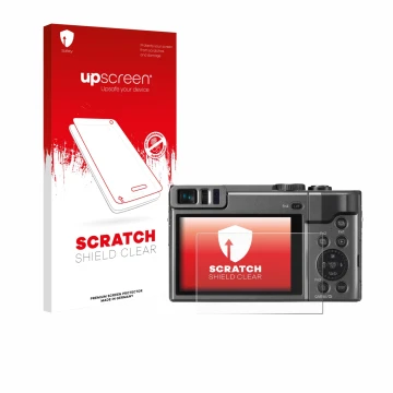 Parte frontal de un envase de producto con el logotipo de la marca upscreen. Al lado se muestra el dispositivo Panasonic Lumix