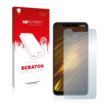 Parte frontal de un envase de producto con el logotipo de la marca upscreen. Al lado se muestra el dispositivo Xiaomi Pocophon