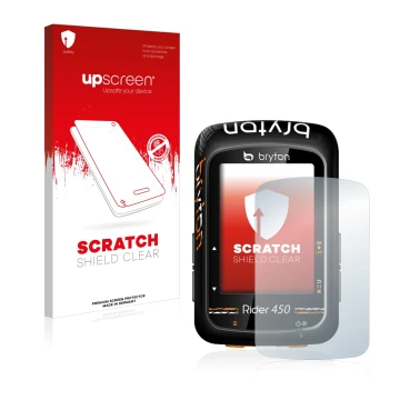 Parte frontal de un envase de producto con el logotipo de la marca upscreen. Al lado se muestra el dispositivo Bryton Rider 45