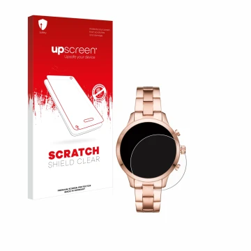 Parte frontal de un envase de producto con el logotipo de la marca upscreen. Al lado se muestra el dispositivo Michael Kors Ac