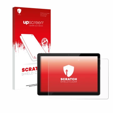 Parte frontal de un envase de producto con el logotipo de la marca upscreen. Al lado se muestra el dispositivo Huawei MediaPad