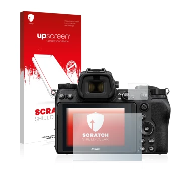 Parte frontal de un envase de producto con el logotipo de la marca upscreen. Al lado se muestra el dispositivo Nikon Z 7 con s