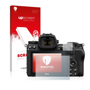 Parte frontal de un envase de producto con el logotipo de la marca upscreen. Al lado se muestra el dispositivo Nikon Z 6 con s