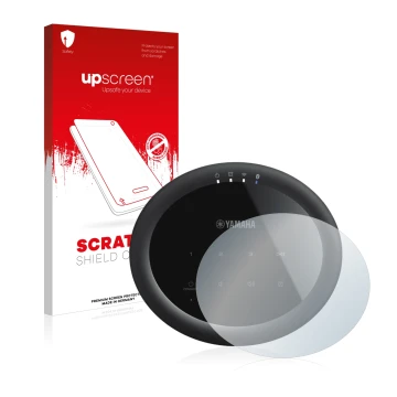 Parte frontal de un envase de producto con el logotipo de la marca upscreen. Al lado se muestra el dispositivo Yamaha MusicCas