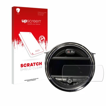 Parte frontal de un envase de producto con el logotipo de la marca upscreen. Al lado se muestra el dispositivo Mini Cooper F56