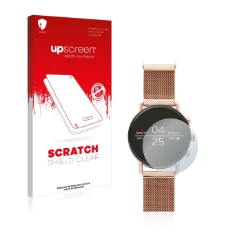 Parte frontal de un envase de producto con el logotipo de la marca upscreen. Al lado se muestra el dispositivo Skagen Smartwat