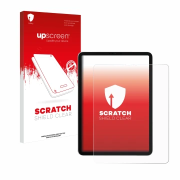 Parte frontal de un envase de producto con el logotipo de la marca upscreen. Al lado se muestra el dispositivo Apple iPad Pro 