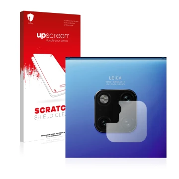 Parte frontal de un envase de producto con el logotipo de la marca upscreen. Al lado se muestra el dispositivo Huawei Mate 20 