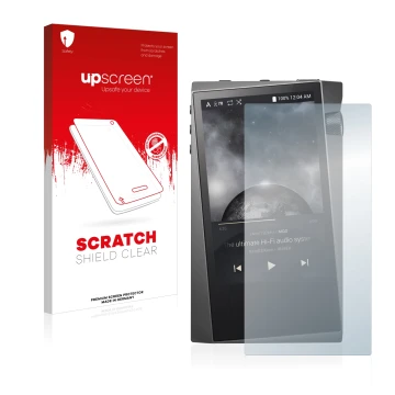 Parte frontal de un envase de producto con el logotipo de la marca upscreen. Al lado se muestra el dispositivo Astell&Kern A&n